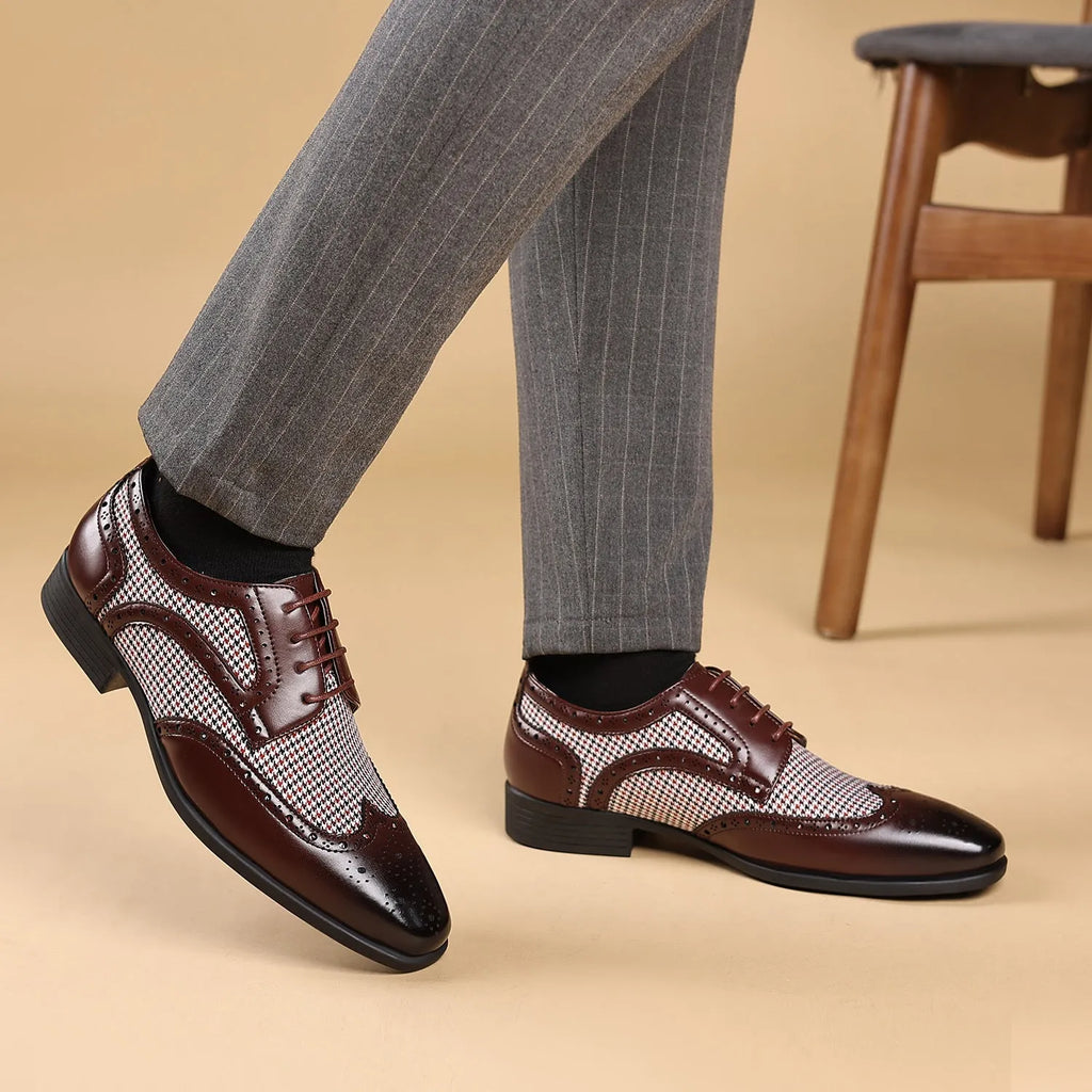 Men's houndstooth plaid casual shoes in black with a square toe and rubber sole.