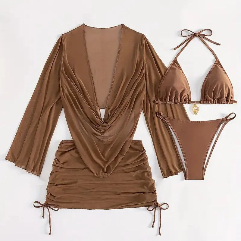Dark brown women's lace-up bikini set with backless design on a mannequin