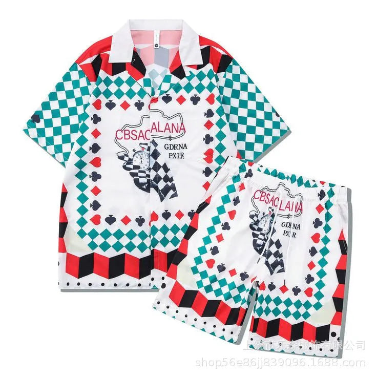 Men's plaid print beach shirt and shorts outfit set on a mannequin showing coordinated summer wear