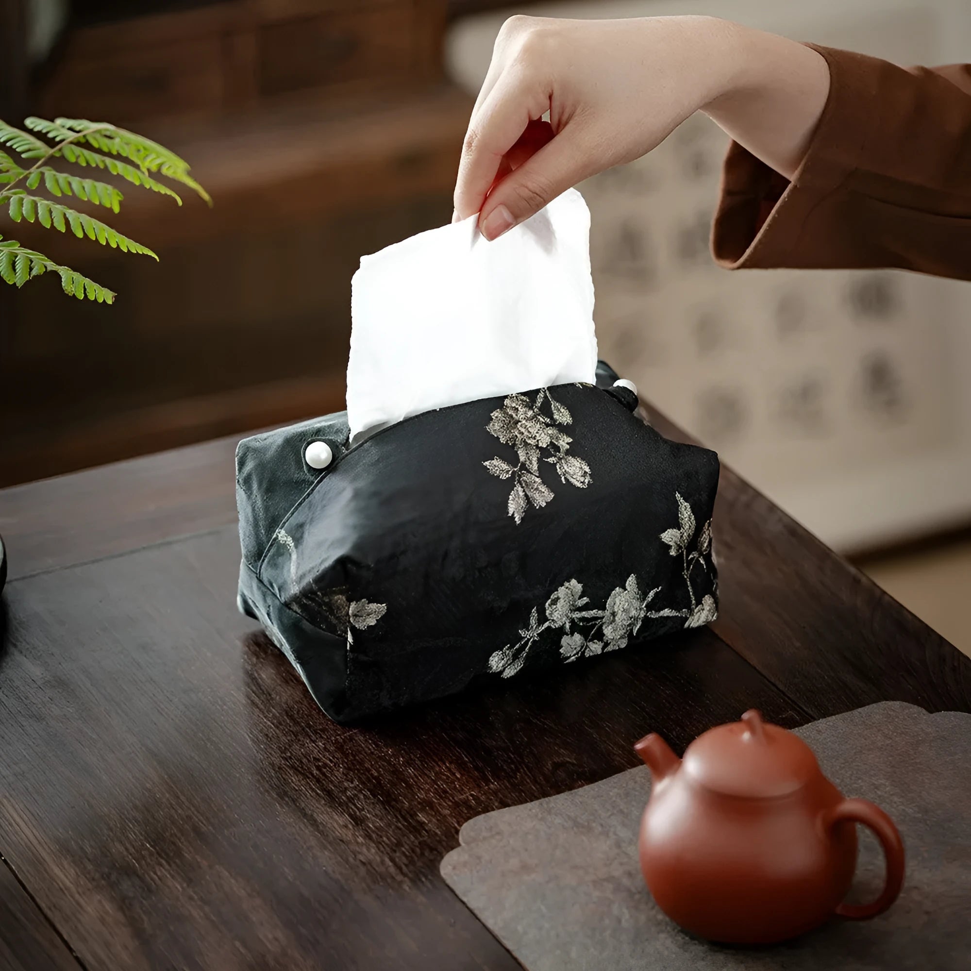 New Chinese style white plum embroidered fabric tissue box, shown with and without a pearl buckle.