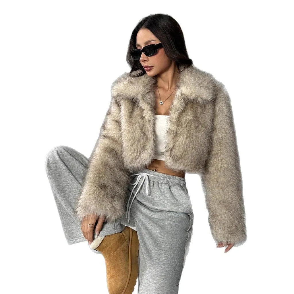 Artificial fur coat with fur collar in multiple colour options including black tip and Maojian tea patterns