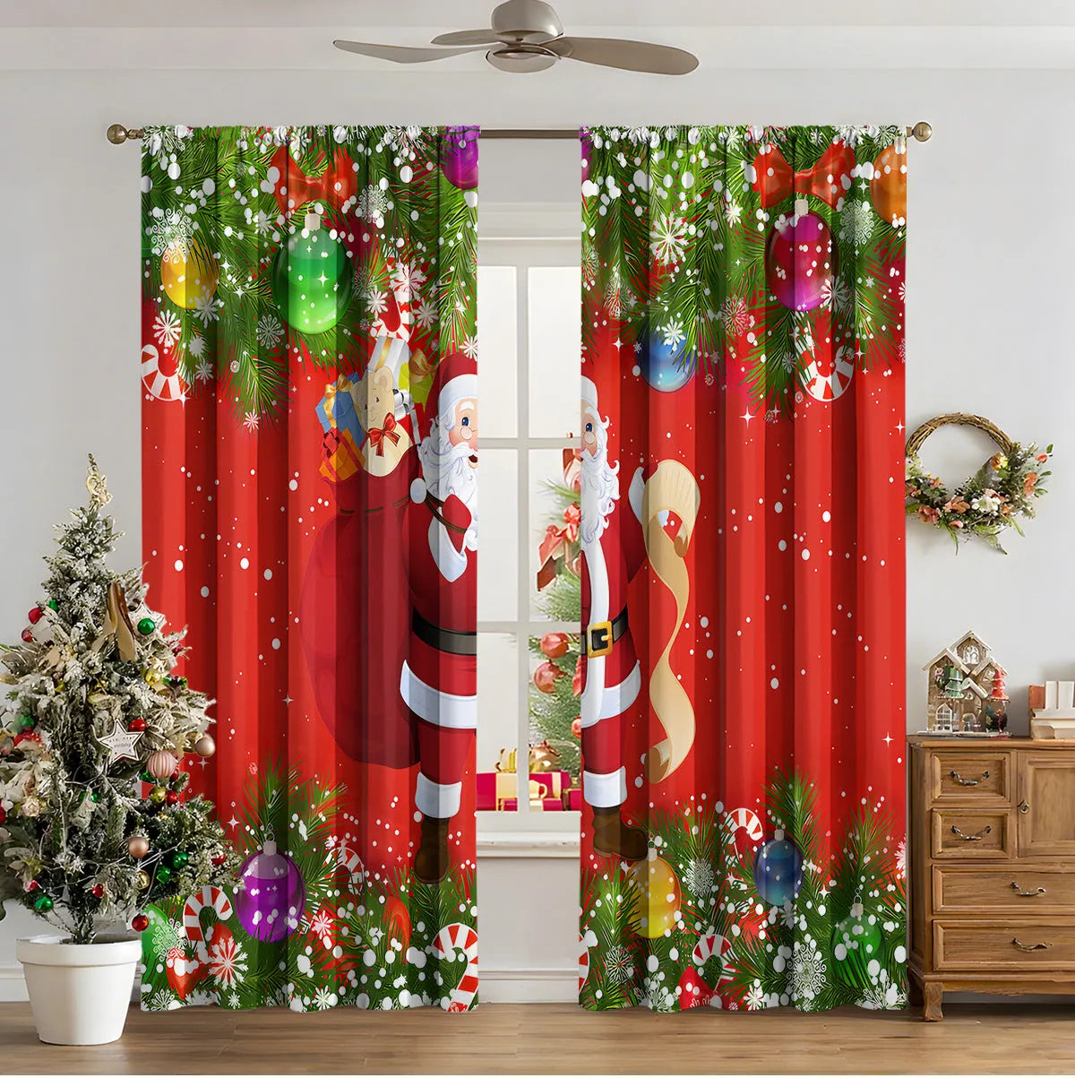3D digitally printed Christmas curtain panel showing a modern European festive design, made from polyester fabric.