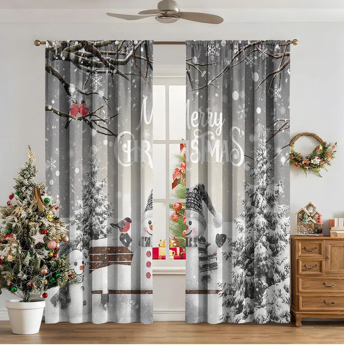 3D digitally printed Christmas curtain panel showing a modern European festive design, made from polyester fabric.
