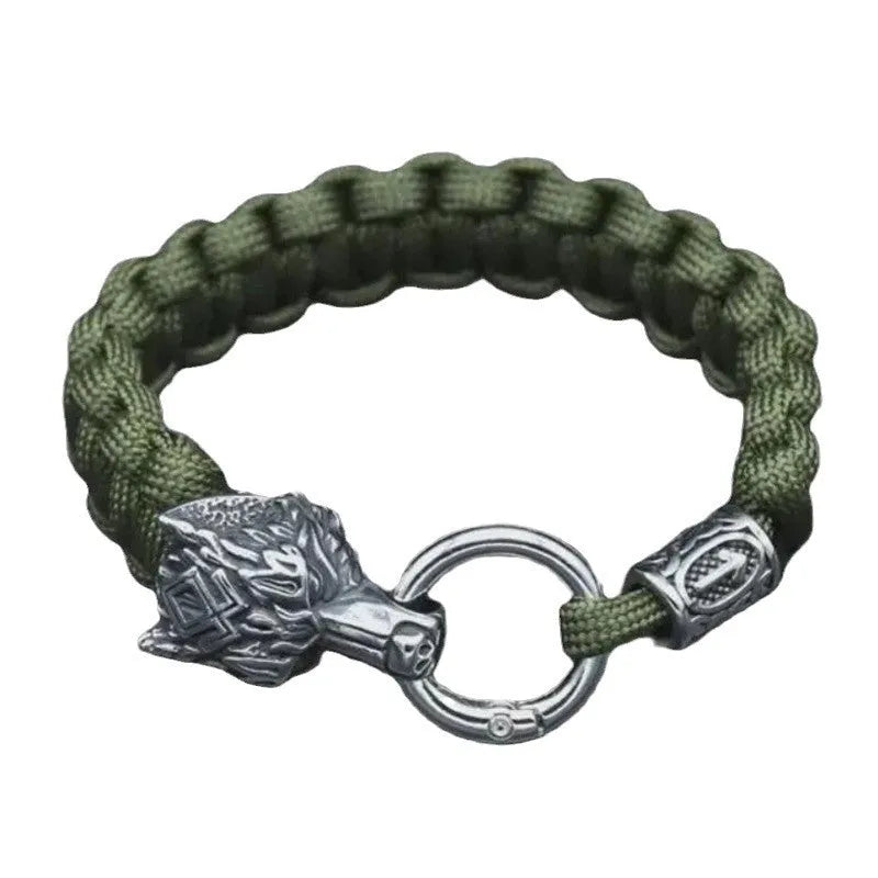 Handmade stainless steel Luen wolf head bracelet in camouflage colour showing size options.