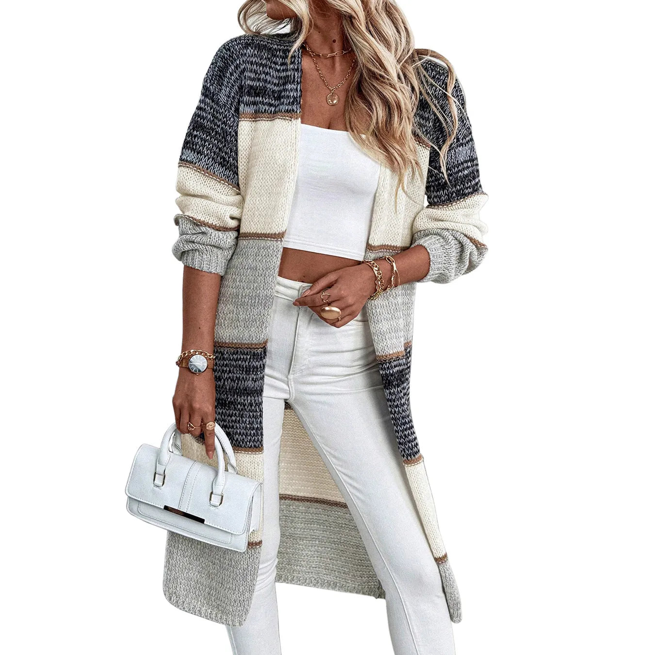 Grey loose-fit long knitted cardigan for women with stripe or plaid pattern