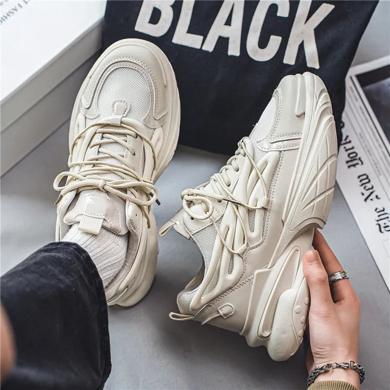 Men's beige sneaker with mesh and PU leather upper, round toe design and rubber sole