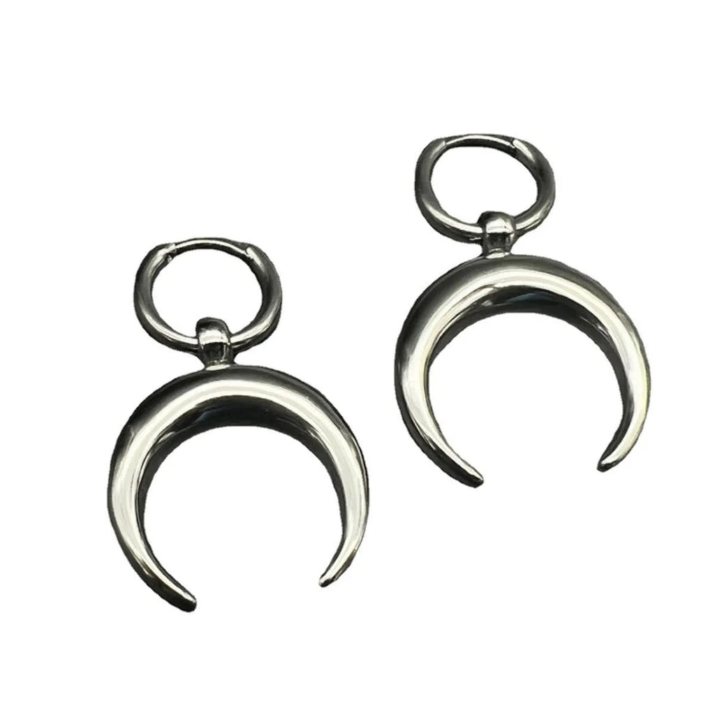 Silver geometric hoop earrings with moon detail and clip fastening