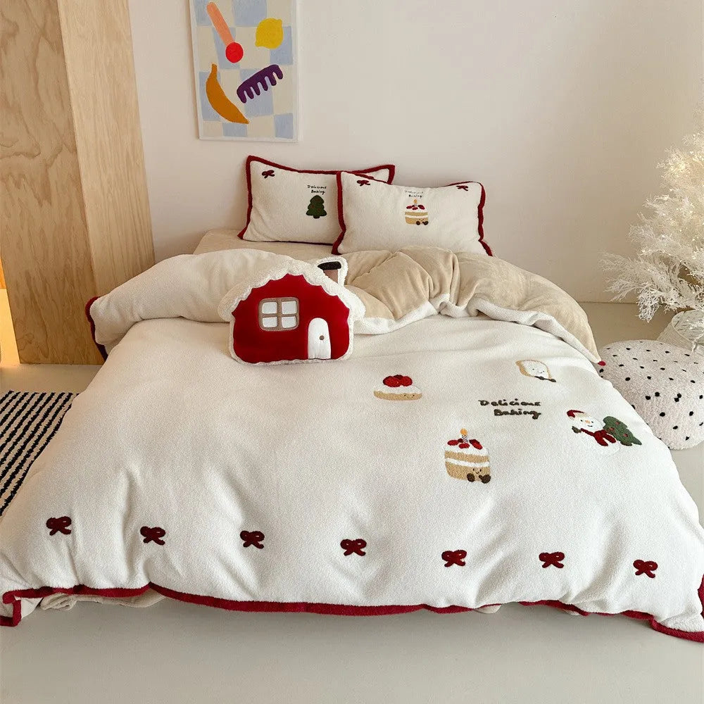 Cartoon winter Christmas themed polyester bedding four-piece set showing bed sheet, duvet cover, and pillowcases