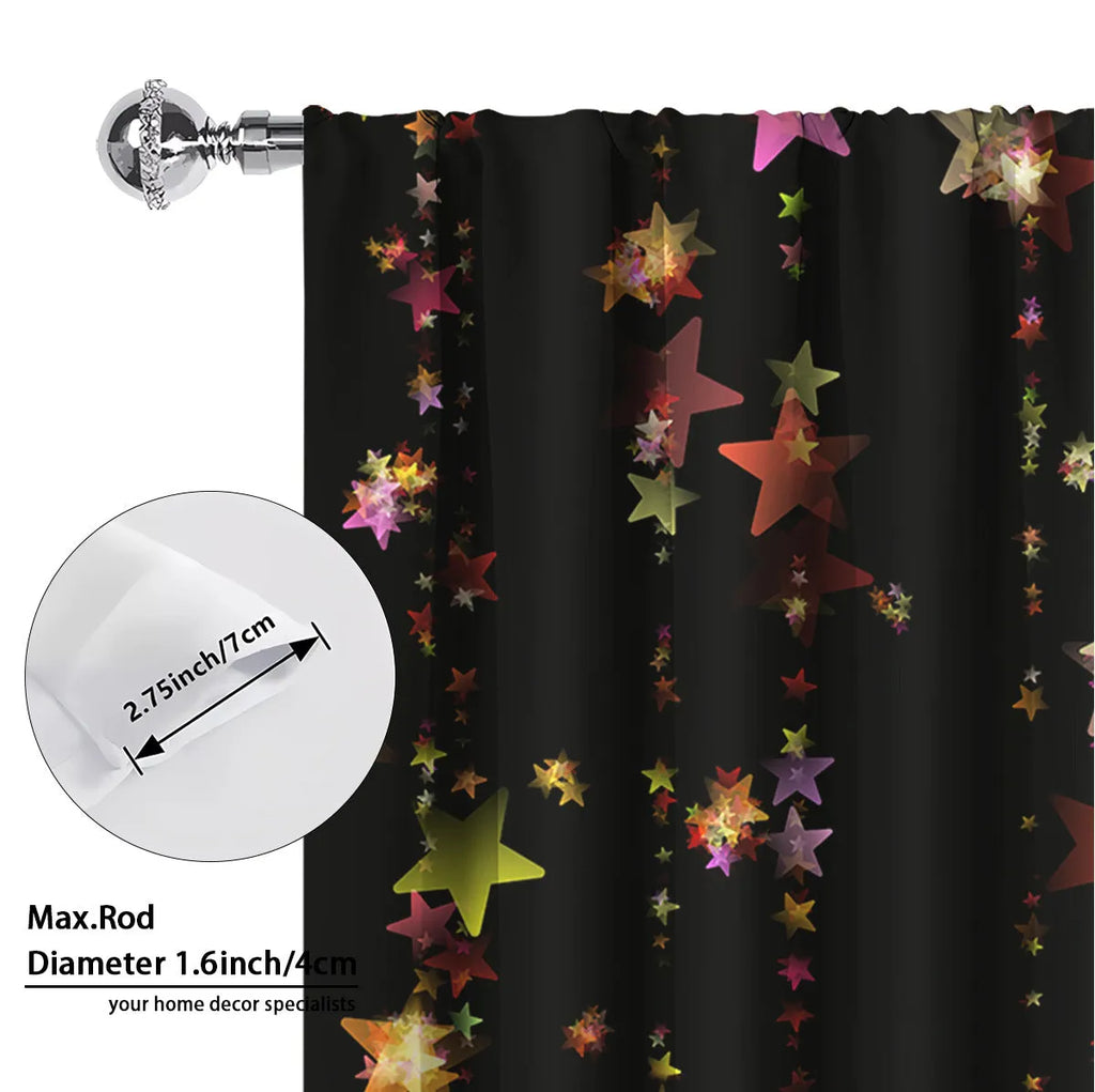 A pair of 3D digitally printed Christmas curtains with a festive European pattern hung on a window.