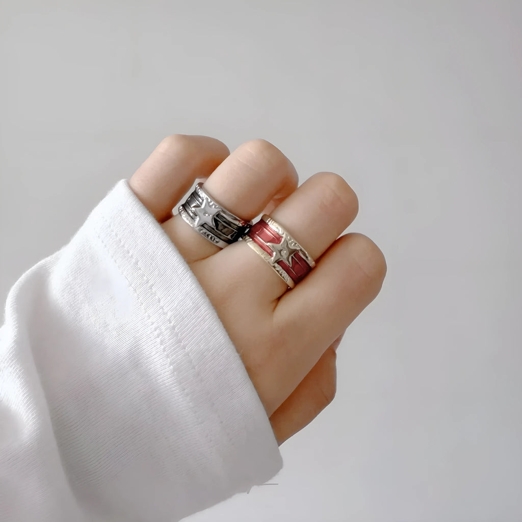 Adjustable geometric copper ring with distressed electroplated finish in multiple colour options