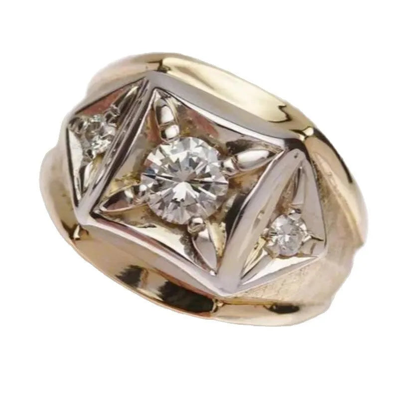 Gold geometric hollow wide face copper couple ring showing chamfering square pattern.