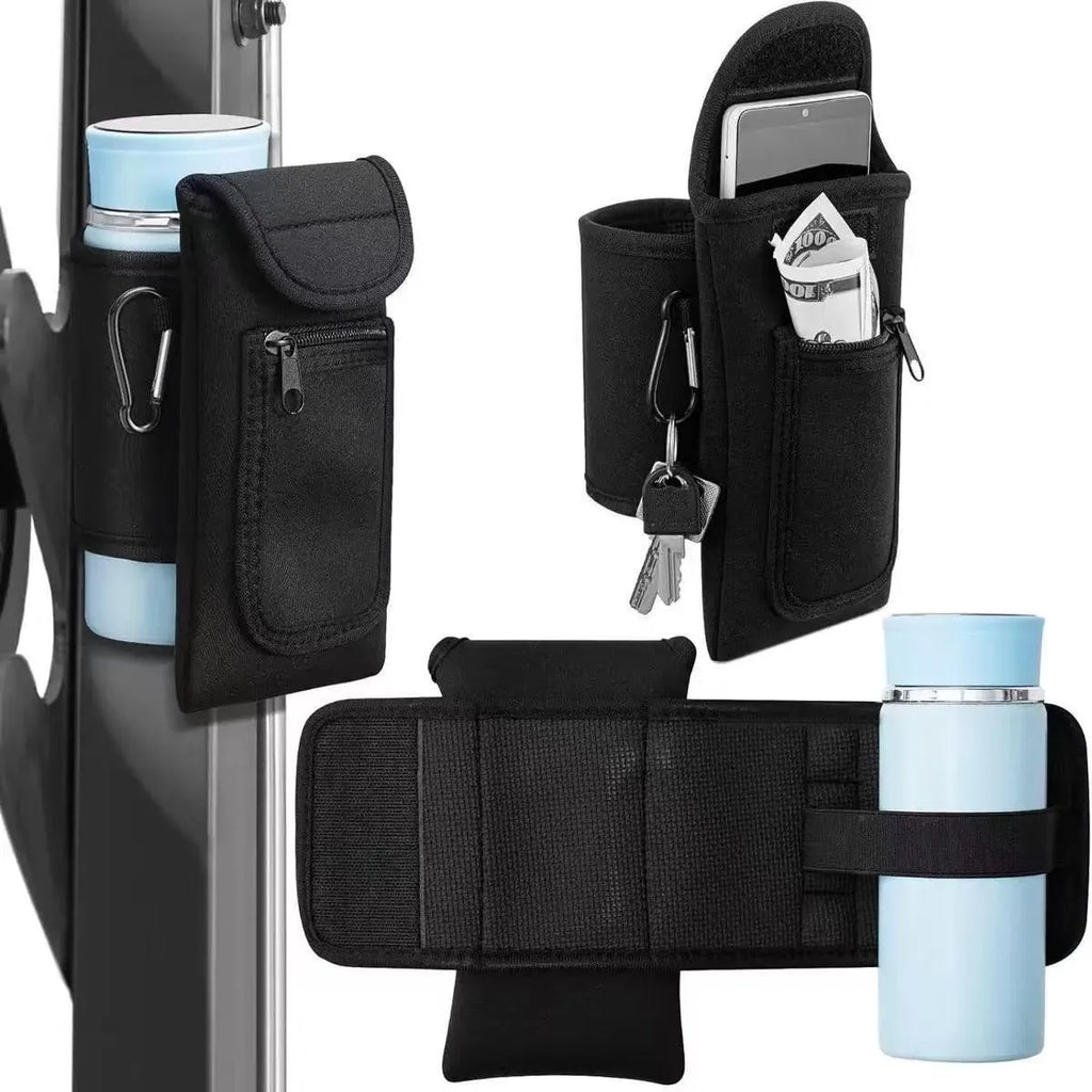 Fitness magnetic cup sleeve covering a large sports bottle with a carabiner clip attached.
