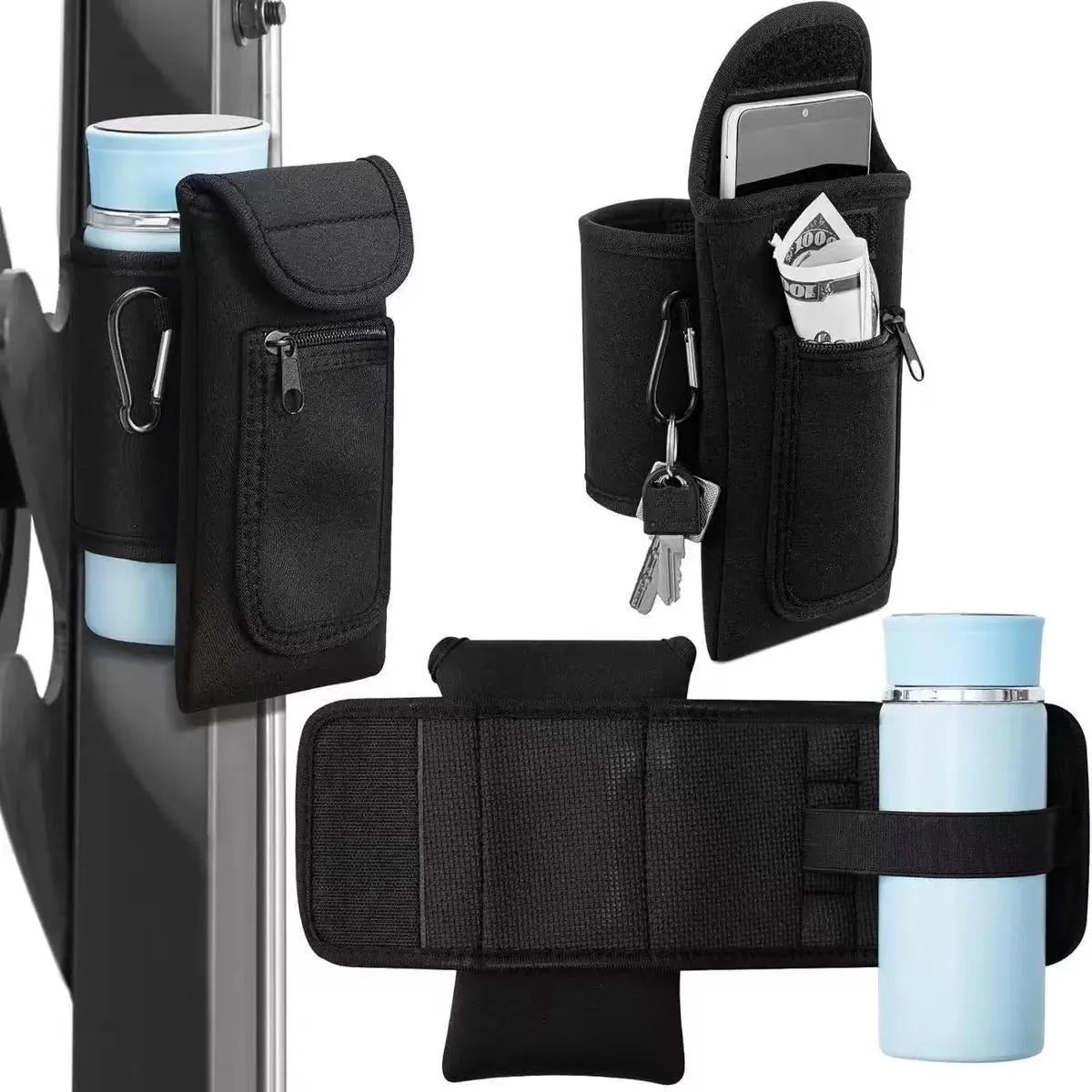 Fitness magnetic cup sleeve covering a large sports bottle with a carabiner clip attached.