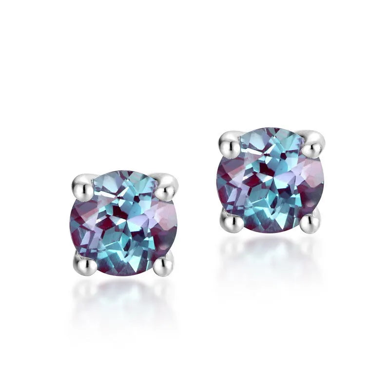 925 silver ear studs with round cultivated alexandrite stone in geometric setting