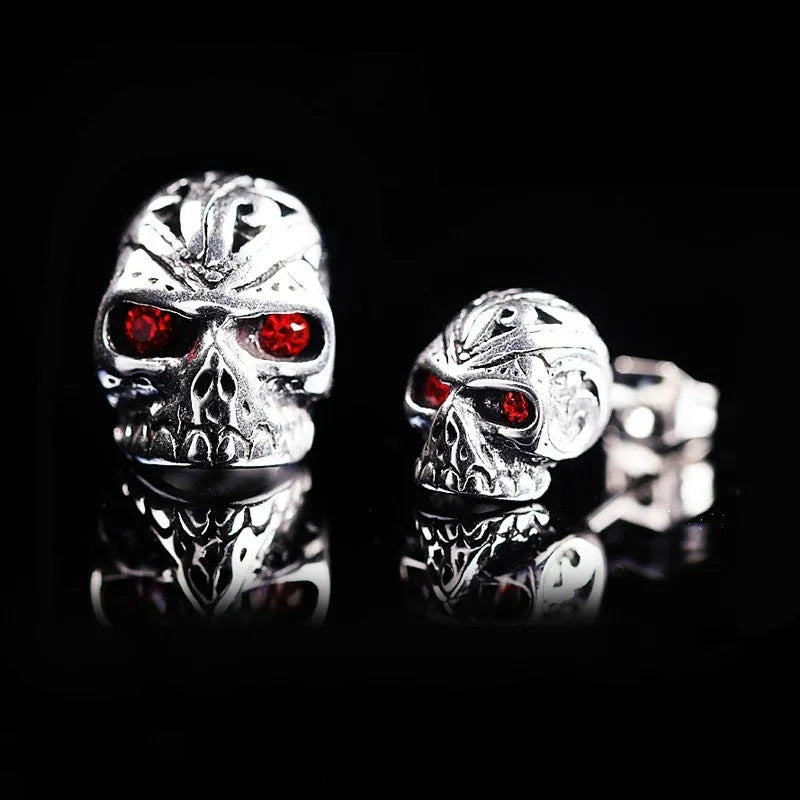 Retro skull stud earrings with red eye ghost head design and alloy construction