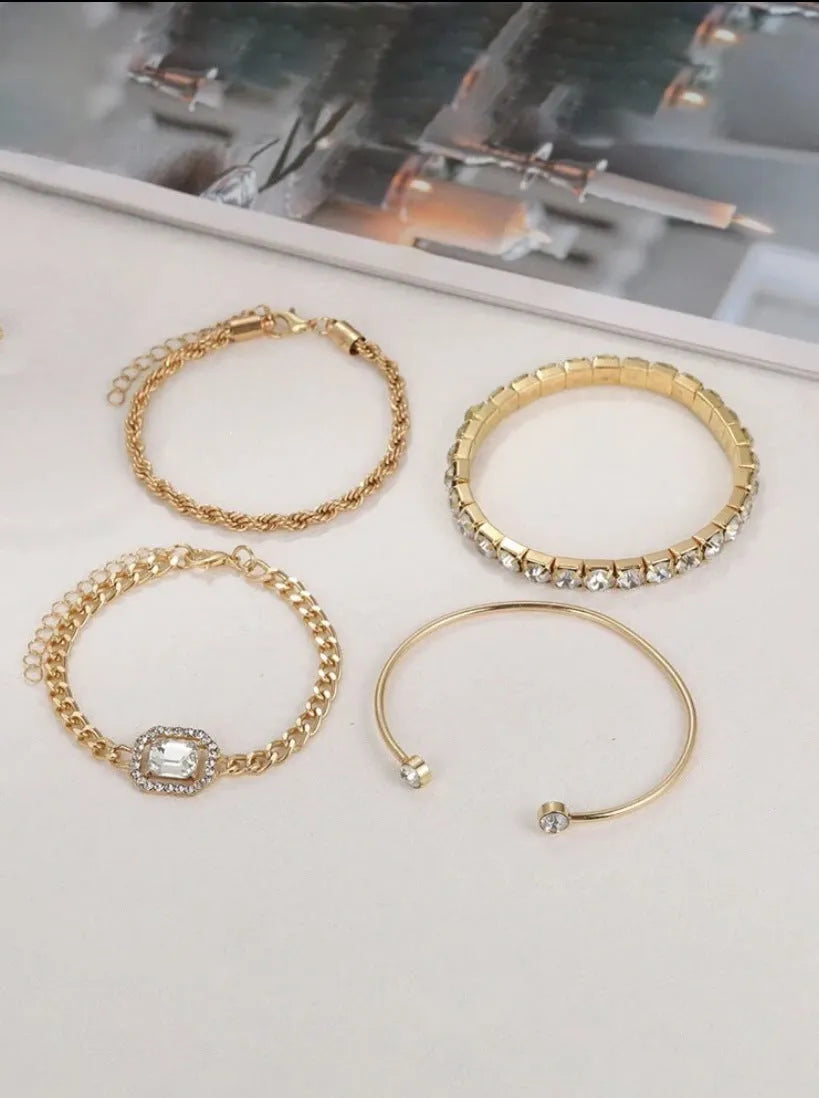 Retro style four-piece alloy bracelet set with geometric square diamond design in gold or silver finish