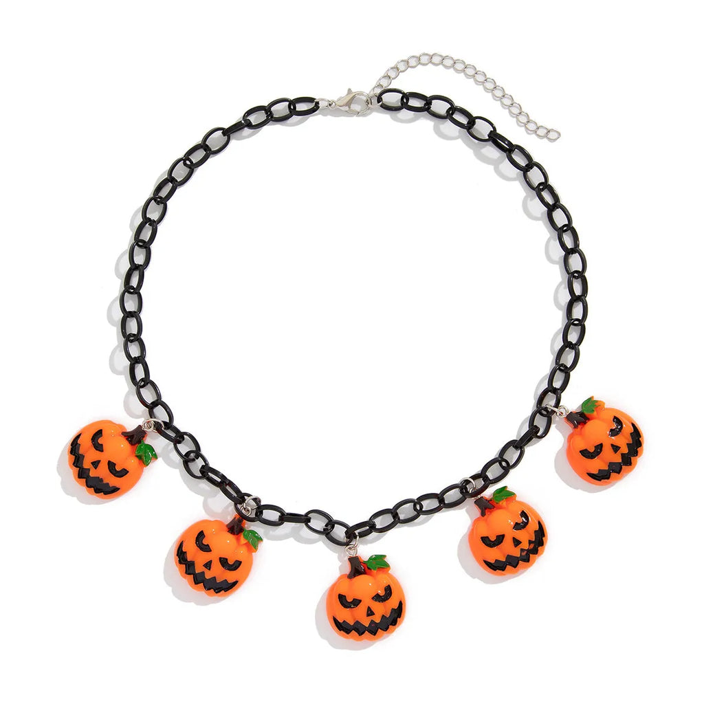 Colourful Halloween necklace showing a cartoon ghost pumpkin pendant on a chain.