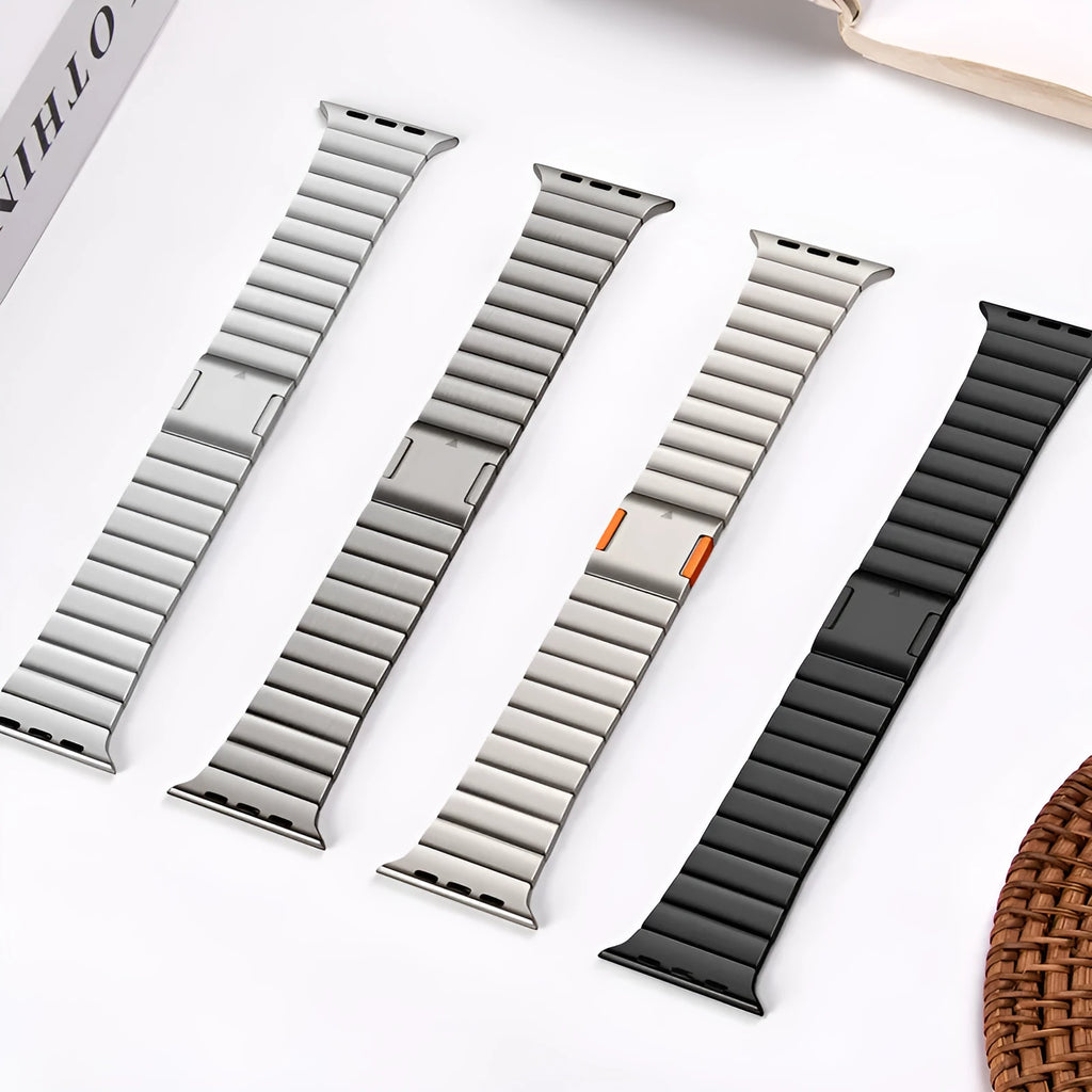 Silver stainless steel magnetic buckle replacement strap for Apple Watch on a wrist
