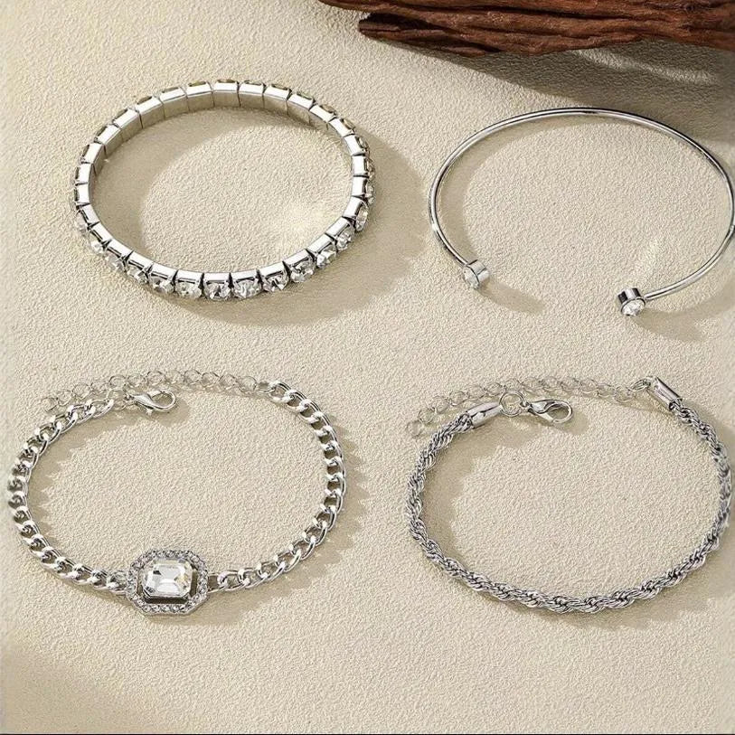 Retro style four-piece alloy bracelet set with geometric square diamond design in gold or silver finish