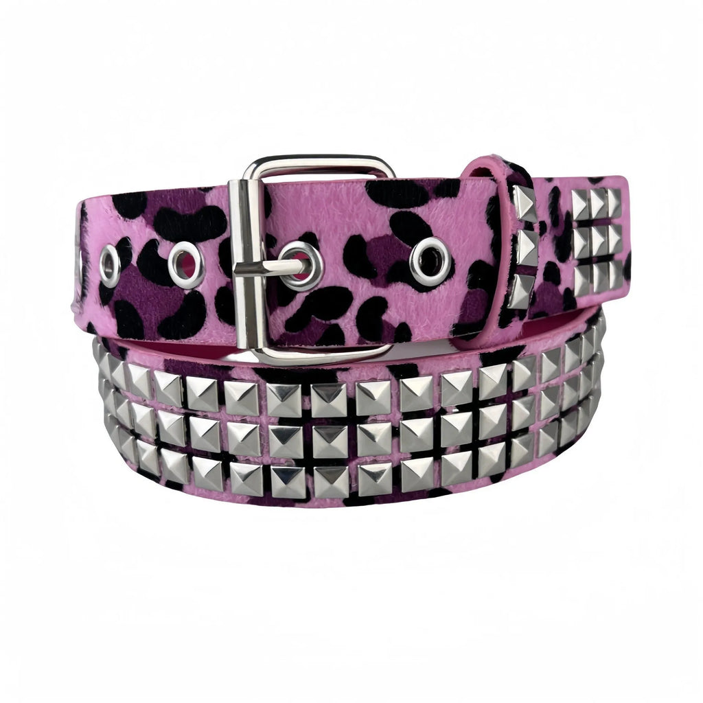 Women's punk fashion belt with metal decorative rivets in pyramid stud patterns including brown leopard, white zebra, and rose red leopard options