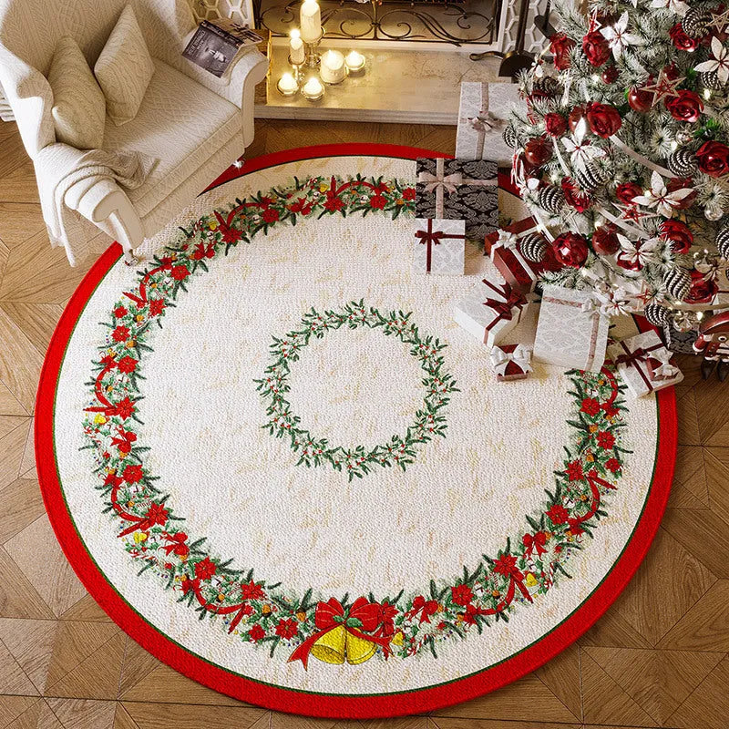Red Christmas round floor mat with festive pattern in living room setting
