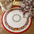 Red Christmas round floor mat with festive pattern in living room setting