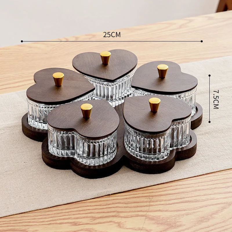 Transparent glass snack tray with heart-shaped lid and multiple grids for hotel foot bath service
