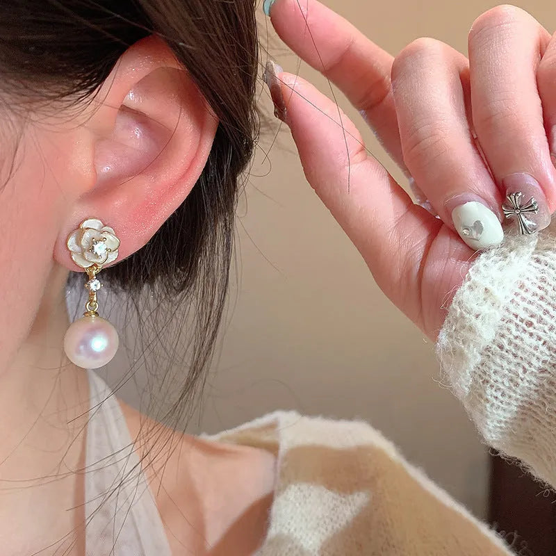 Camellia flower stud earrings for women with detailed floral design and alloy construction