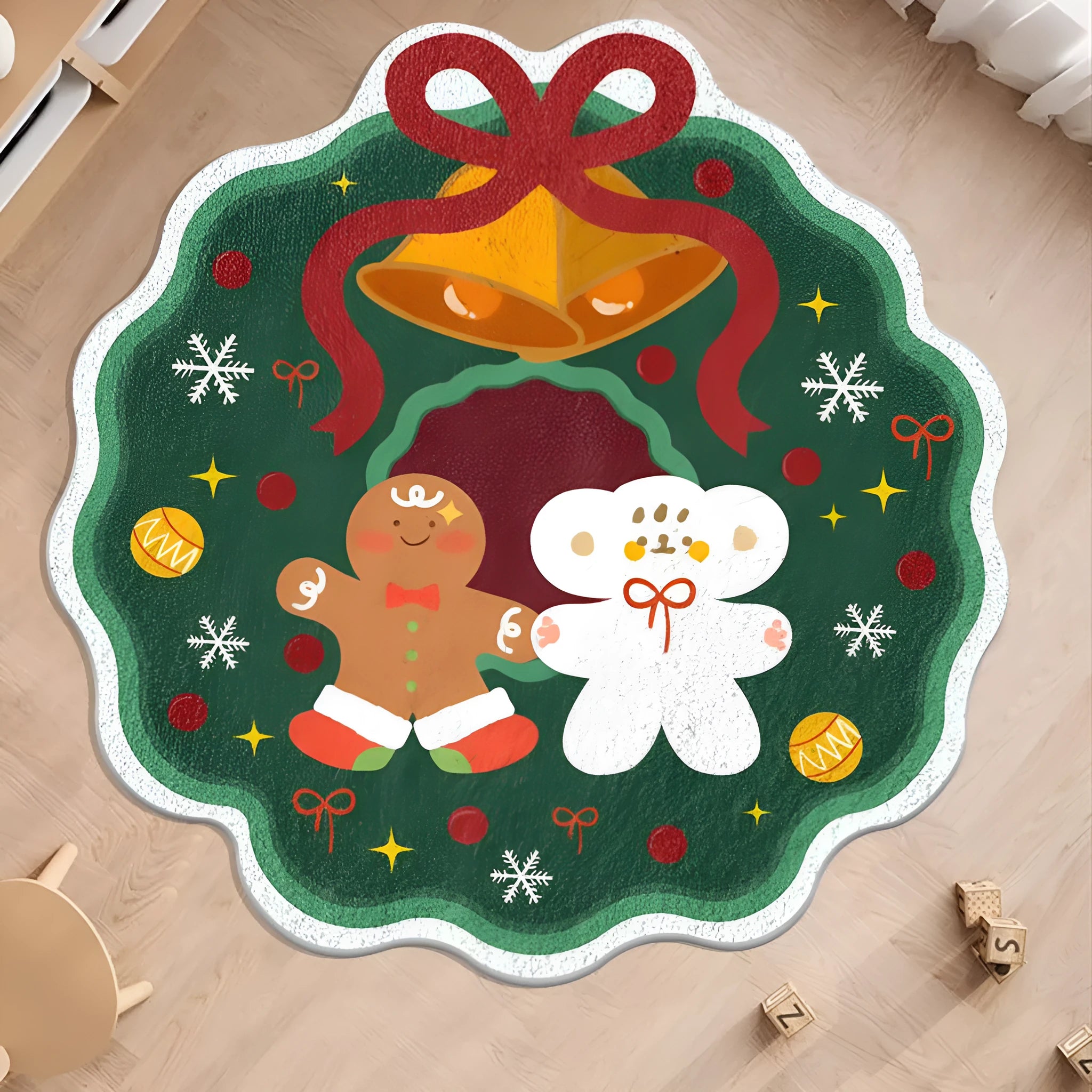 Christmas-themed round alien-shaped rug with imitation cashmere material in festive holiday patterns