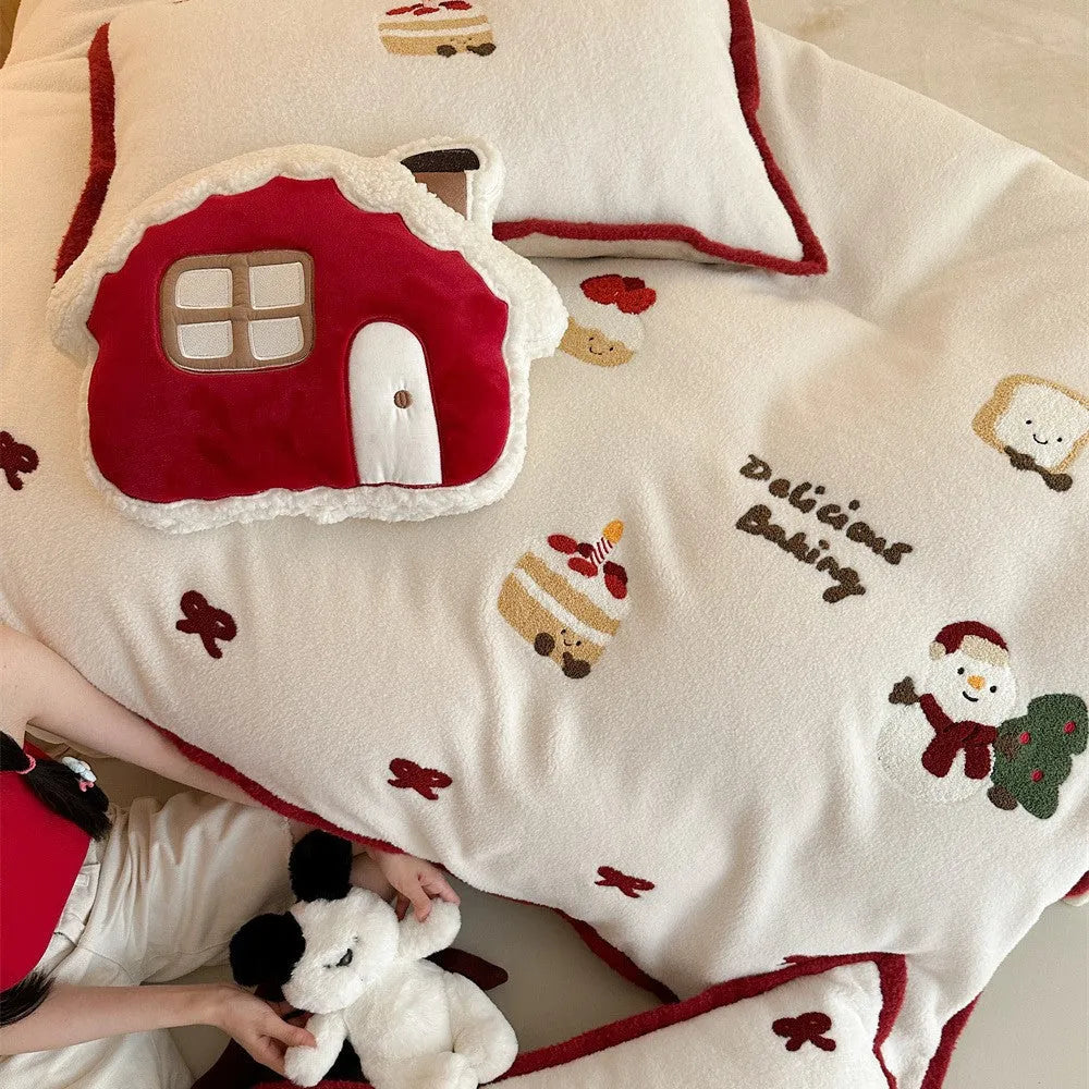 Cartoon winter Christmas themed polyester bedding four-piece set showing bed sheet, duvet cover, and pillowcases