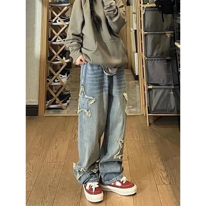 Women's blue high-waist straight-leg jeans made from cotton denim with micro-elasticity
