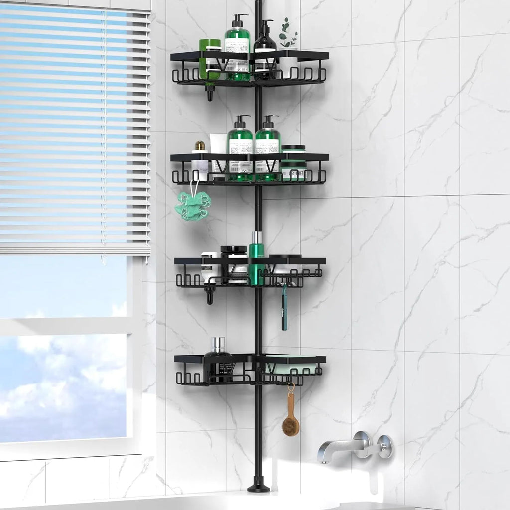Hole-free retractable bathroom storage rack with four-layer stainless steel shelving