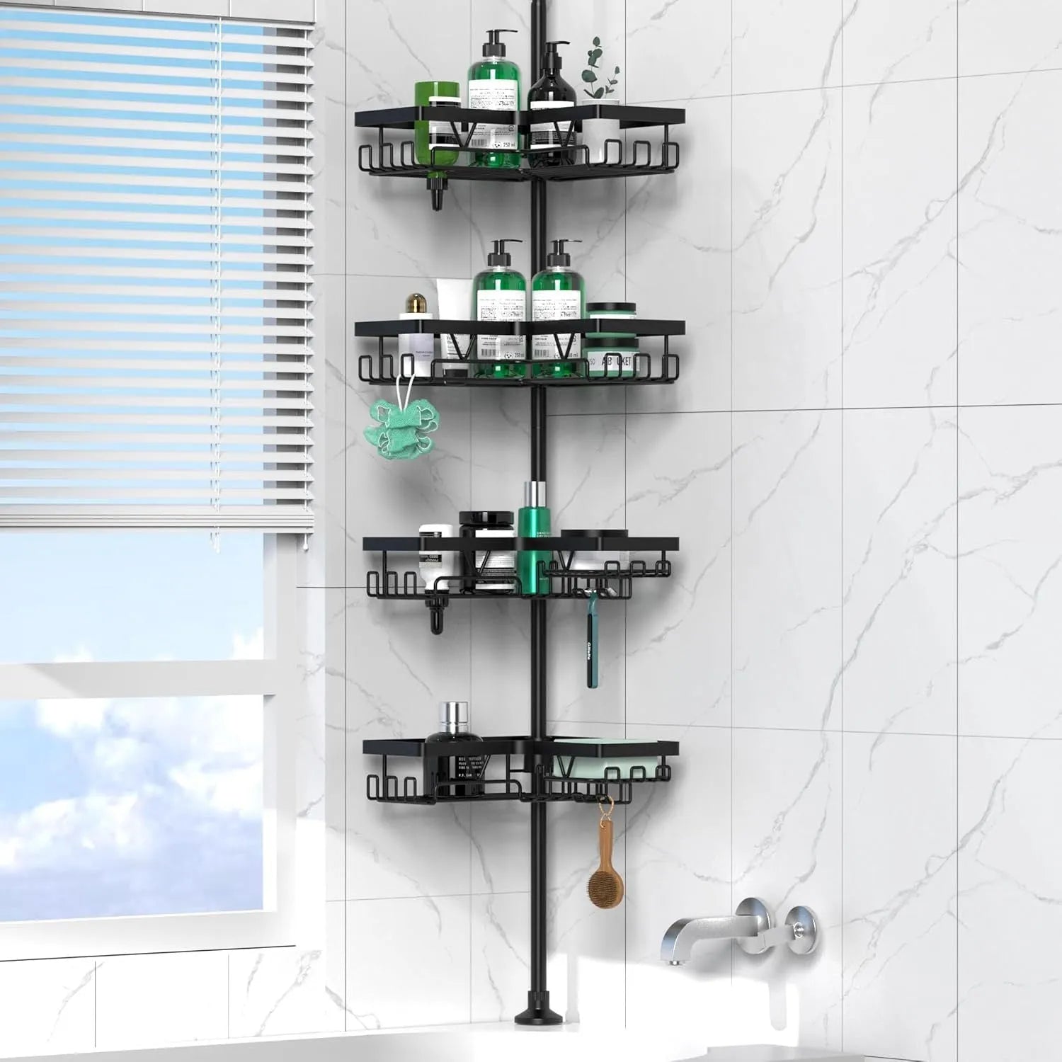 Hole-free retractable bathroom storage rack with four-layer stainless steel shelving