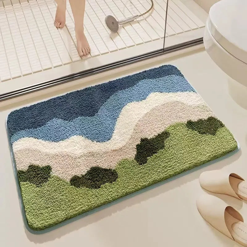 Rainbow pattern square carpet mat with plastic bottom in sky sea colour, shown in 40x60cm and 50x80cm sizes.