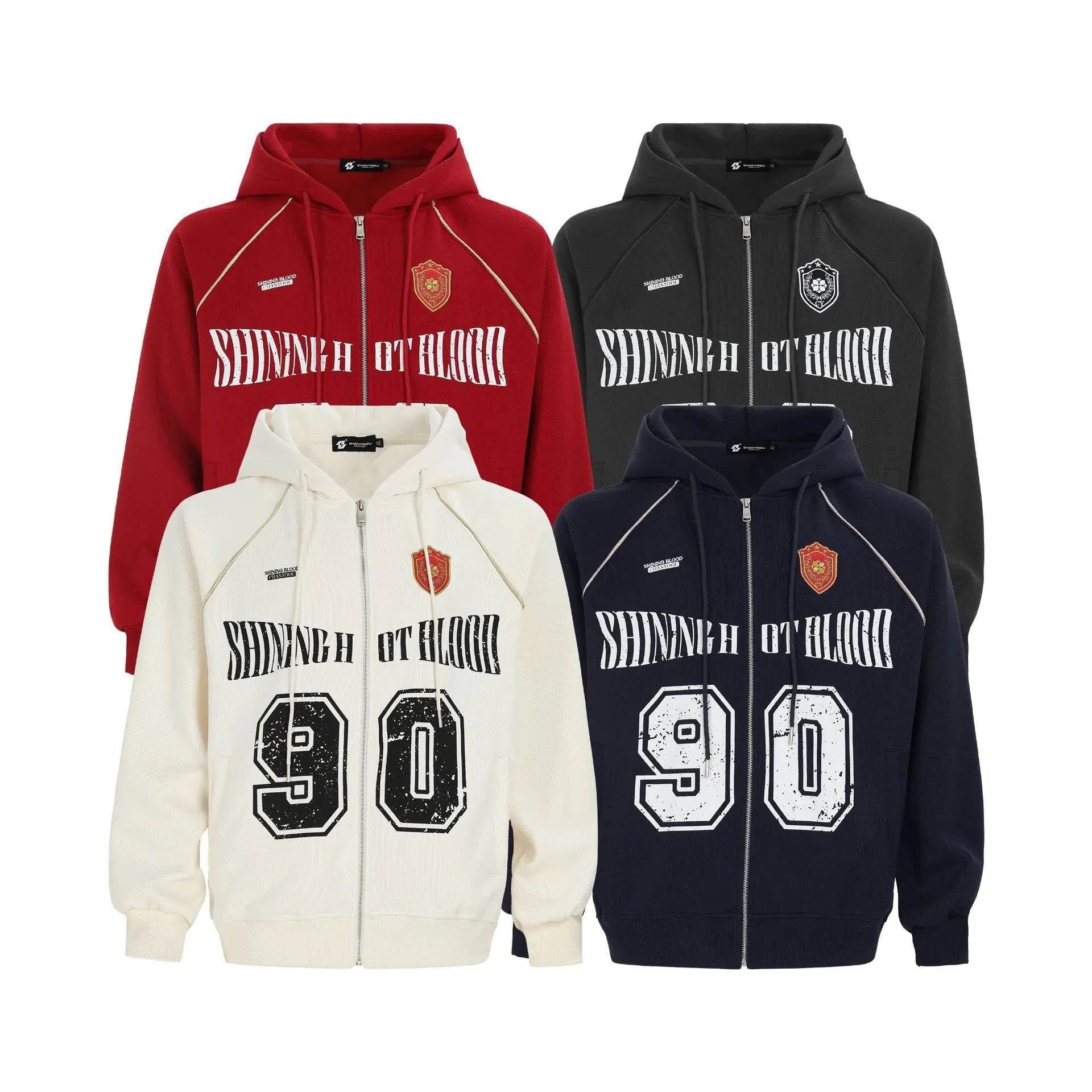 Women's red American retro hooded cardigan jacket with letter embroidery and loose fit