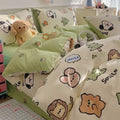 Cartoon dog pattern pure cotton four-piece bedding set shown on bed with multiple size options