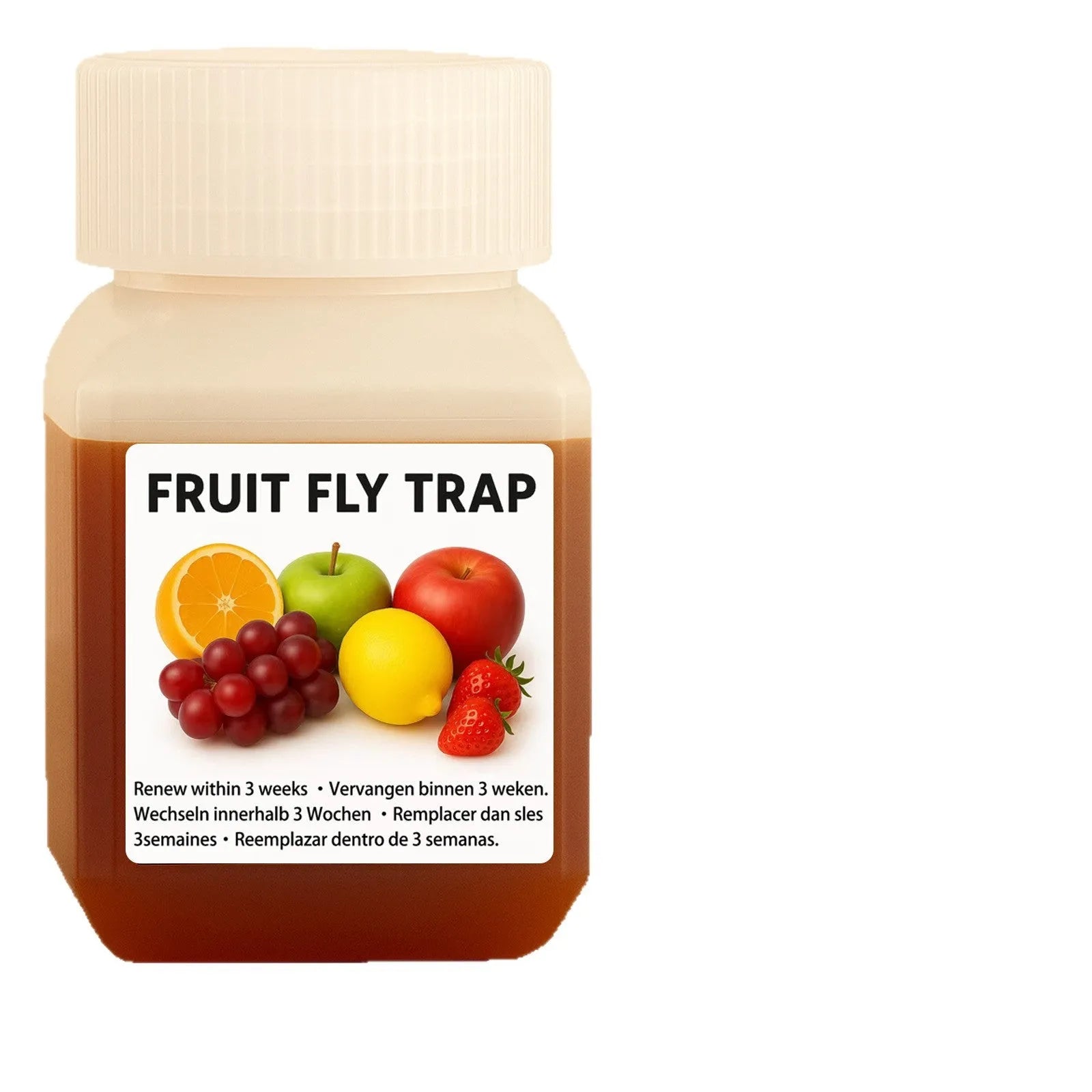 Clear plastic bottle of fruit fly trapper bait liquid with labelling showing specifications