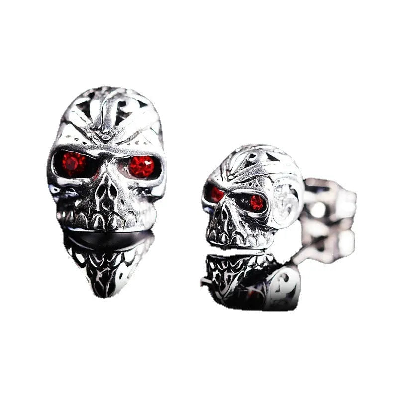 Retro skull stud earrings with red eye ghost head design and alloy construction
