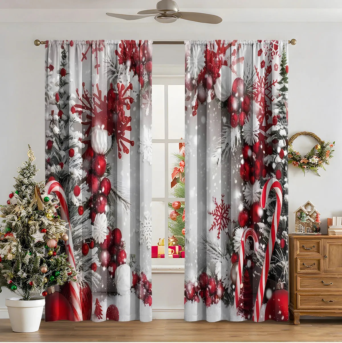 3D digitally printed Christmas curtain panel showing a modern European festive design, made from polyester fabric.