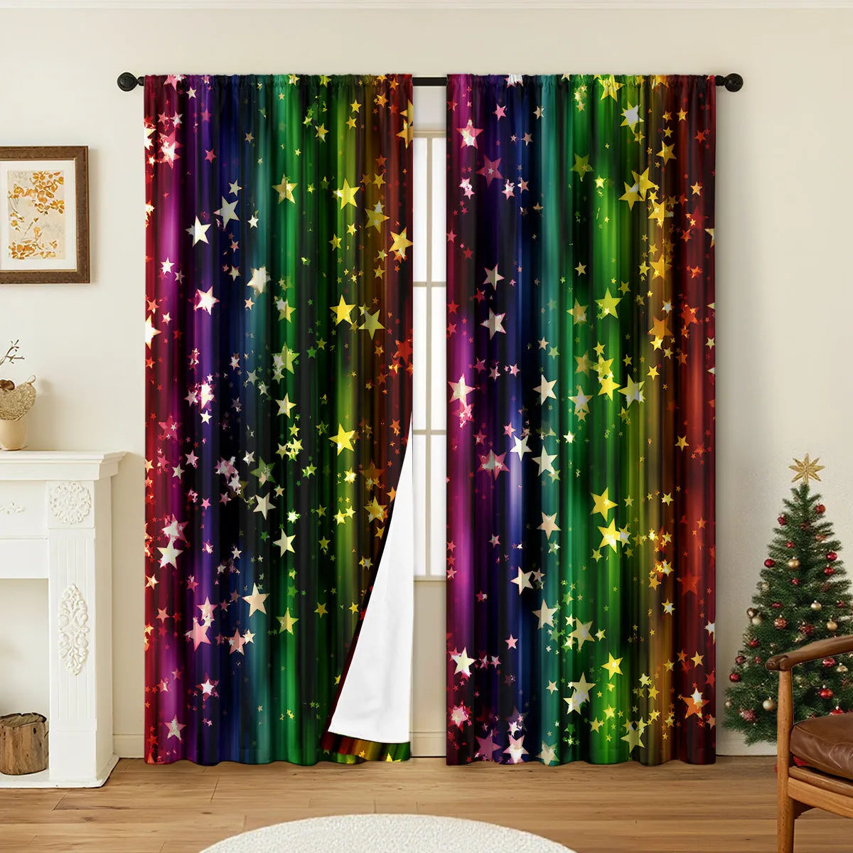 A pair of 3D digitally printed Christmas curtains with a festive European pattern hung on a window.