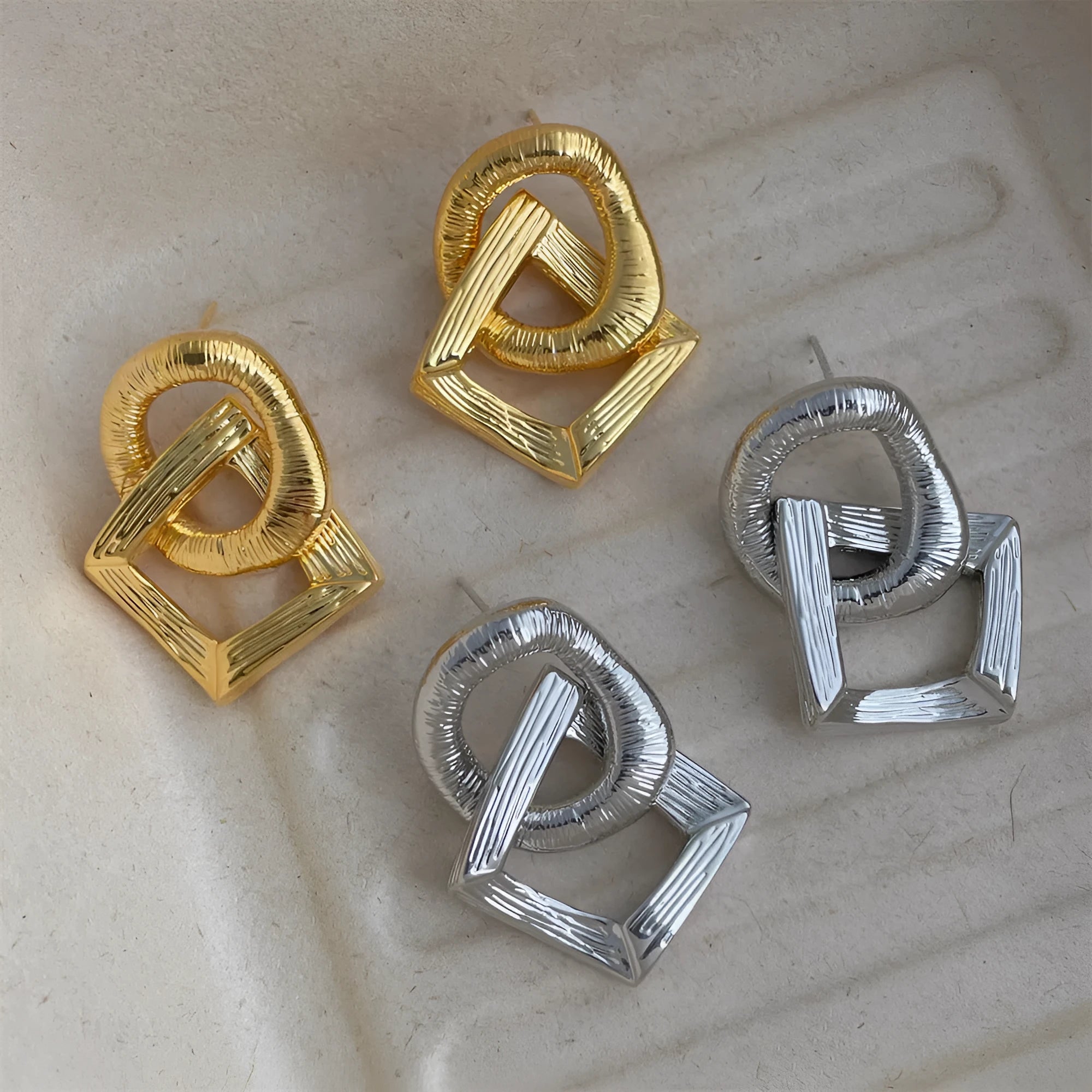 Retro geometric circle pendant earrings with 3.4cm drop in gold or silver electroplated finish