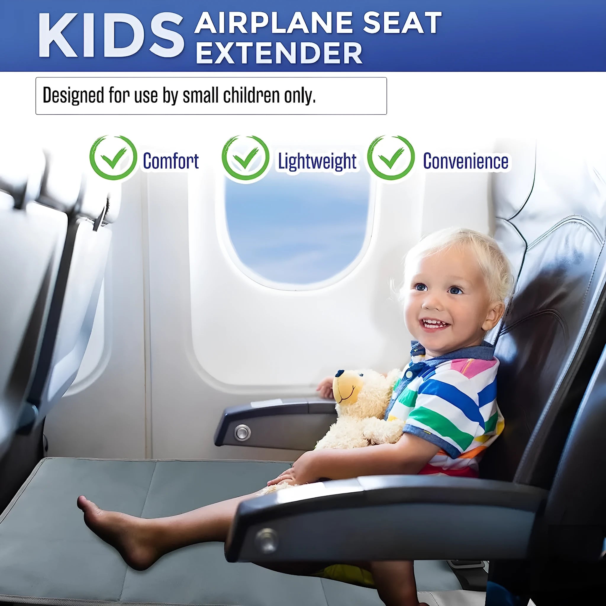 Portable children's aircraft pedal seat extender kit in blue nylon with a removable drawstring pocket
