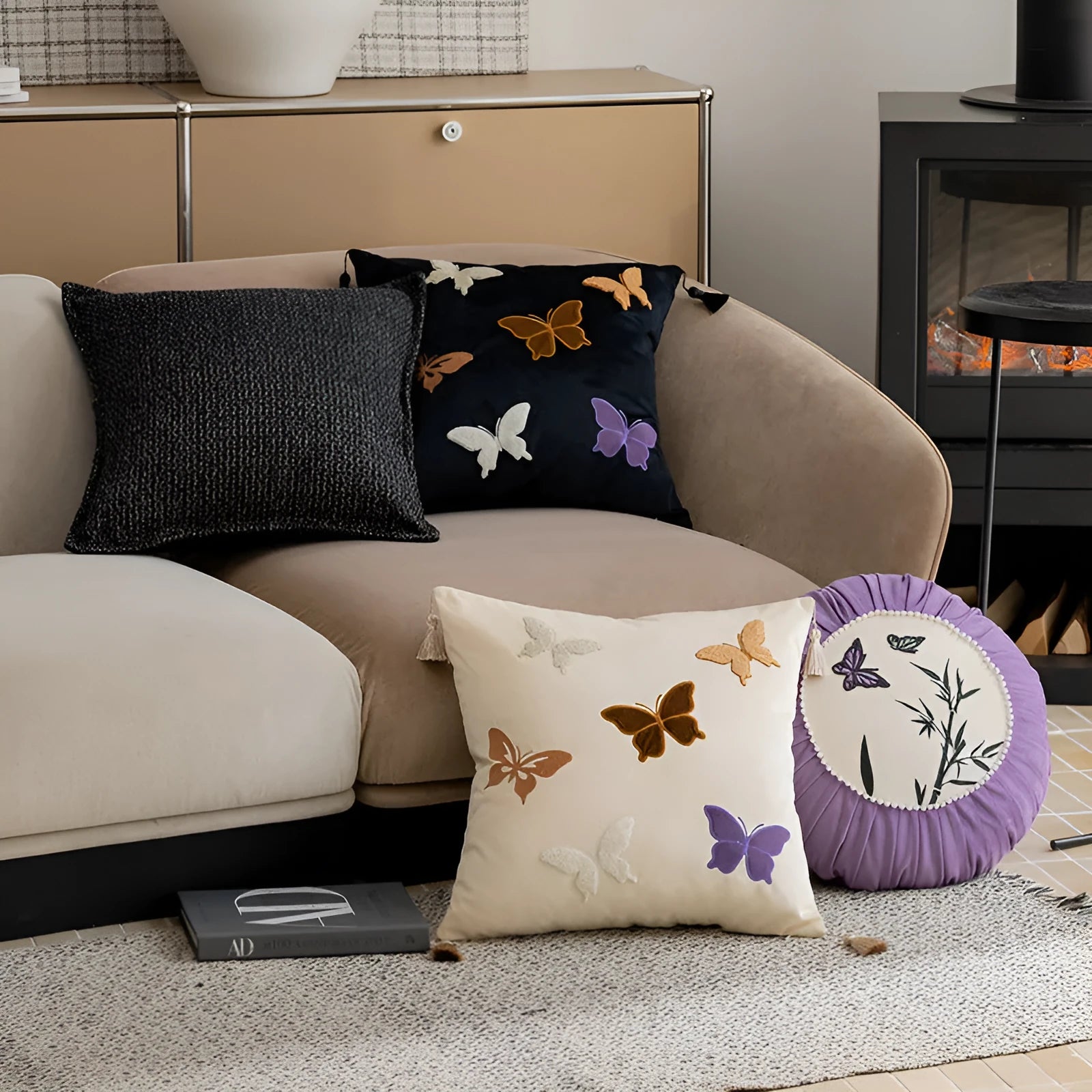 Chinese style couch pillow with butterfly embroidery in beige, black or purple colour, 45x45cm size