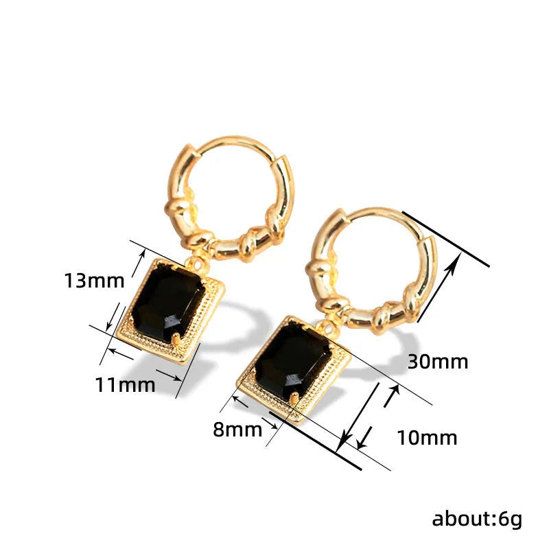 Copper earrings with geometric quadrilateral shape and black zircon stones in French Court retro style