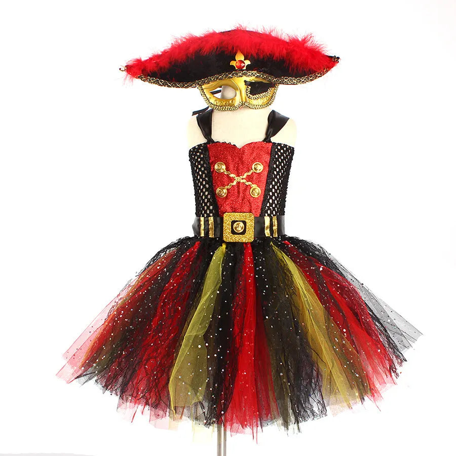 Halloween pirate costume dress for girls with sequins, gauze mesh, and lace trim, Pirates of the Caribbean themed.