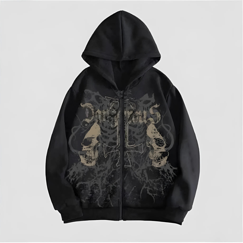 Black men's hooded sweatshirt with a large white skull graphic print on the front