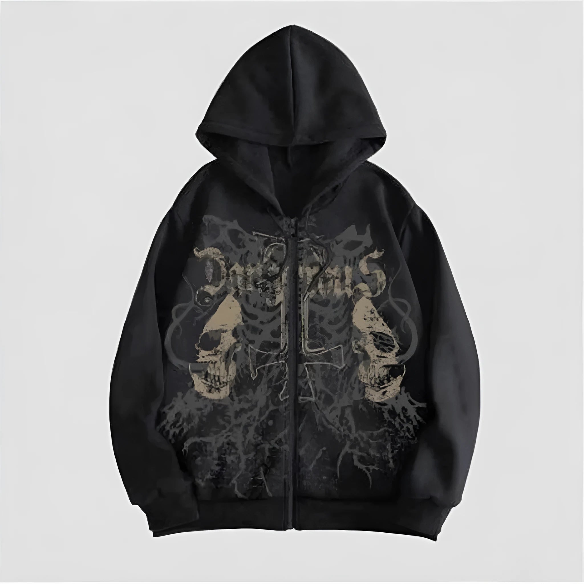 Black men's hooded sweatshirt with a large white skull graphic print on the front