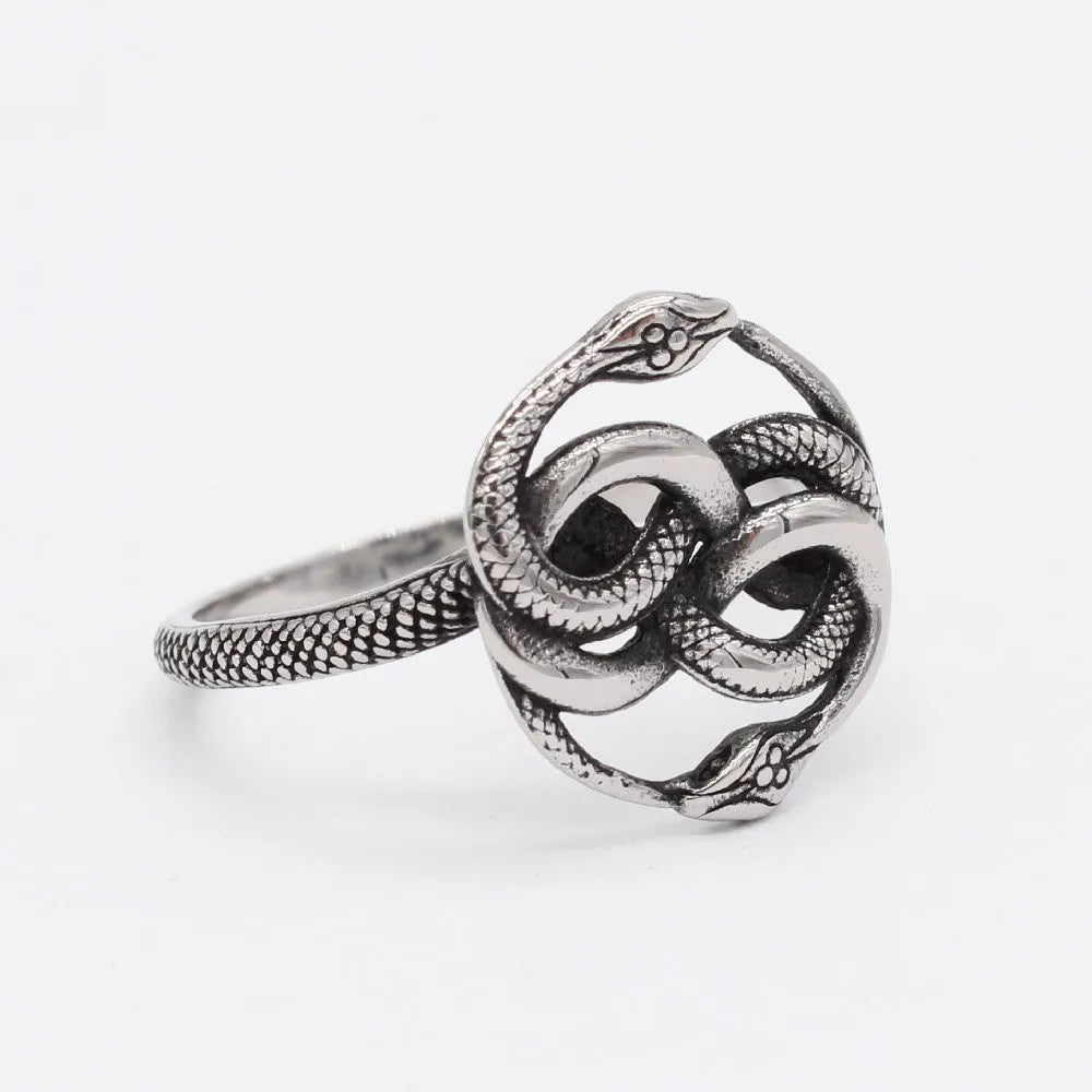 Retro titanium steel double snake ring in cold wind steel colour showing detailed serpent design