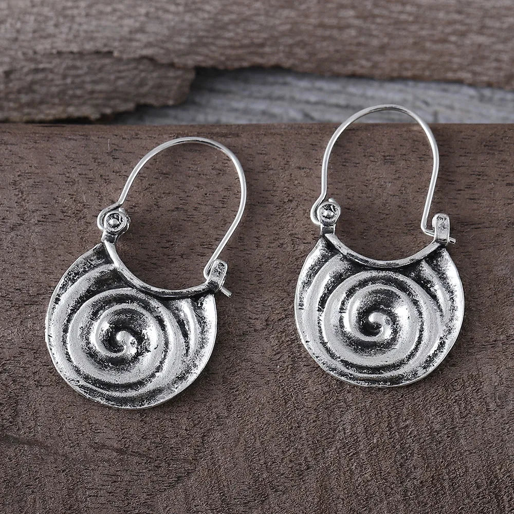 Simple geometric gypsy curved drop earrings in ancient silver zinc alloy, front view