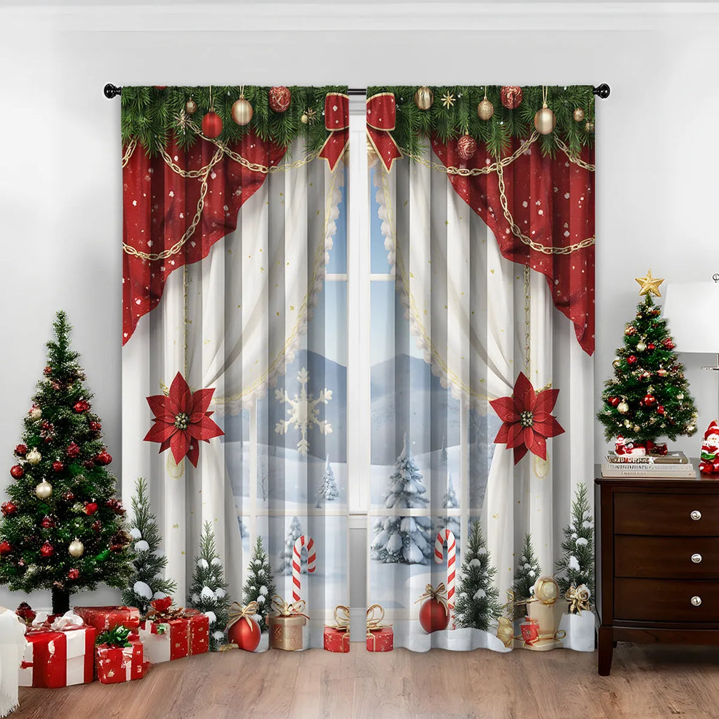 A pair of 3D digitally printed Christmas curtains with a festive European pattern hung on a window.